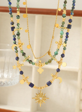 新款波西米亚风青金石芒星吊坠锁骨项链原创设计颈链高级叠戴项链