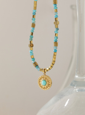 GARY工作室欧美复古彩色孔雀石串珠锁骨链时尚个性潮流圆形钛钢吊