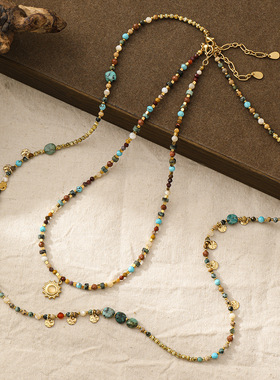 秋季新品复古蓝松石项链民族风天然石串珠轻奢感毛衣链颈链