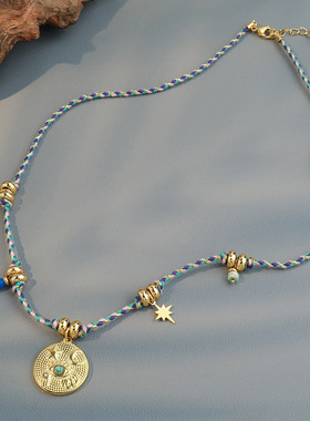 新中式复古彩色编织颈链波西米亚风圆形吊坠项链18K真金锁骨链