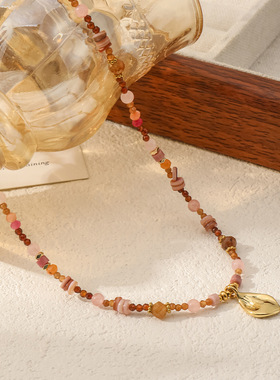 粉棕甜系温柔不规则吊坠复古天然石贝壳圆形项链日常百搭锁骨链女