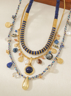 新品藏族蓝纹石天 然青金石毛衣链女淡水珍珠长款串珠民族风项链