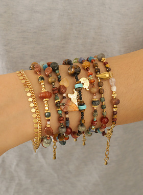 民族风吉象幸运天然石手链小众设计手饰多宝复古国风玛瑙叠戴手串