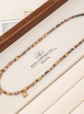 粉色波西米亚风红纹石星星月亮元素串珠项链小众个性叠戴饰品