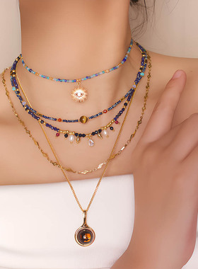 法式复古彩色天然石米珠手工串珠项链恶魔之眼吊坠锁骨链叠戴套链