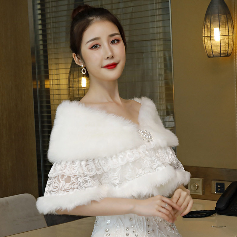 毛毛披肩新款新娘结婚晚装礼服毛绒披肩伴娘秋冬保暖镂空蕾丝刺绣,淘宝优惠券,粉丝福利购,淘宝优惠卷