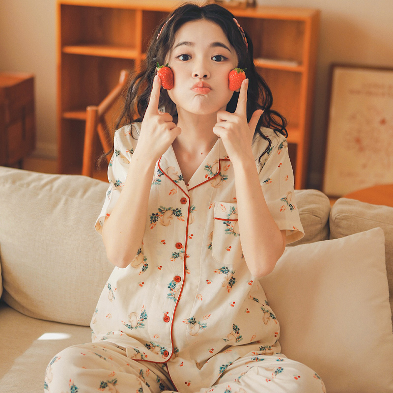 睡衣女夏季纯棉纱布套装甜美可爱韩版休闲短袖长裤可外穿两件套