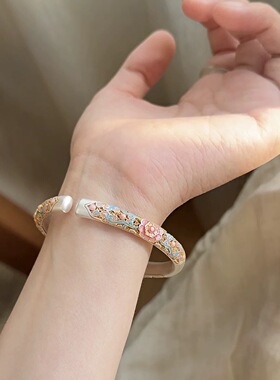 新款梨花海棠描金珐琅彩镂空开口手环手镯女镀纯银不掉色手镯