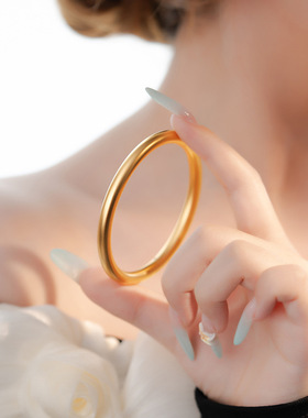 24K金轻奢风高品质素圈光面手镯女 孟加拉赤金不掉色亮面复古镯子