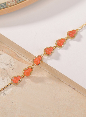 天然水红S925纯银镀金葫芦手链