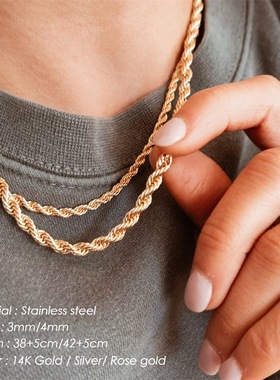 MAO ER 欧美街头风新款小众气质麻花链钛钢镀18K金色项链女锁骨链