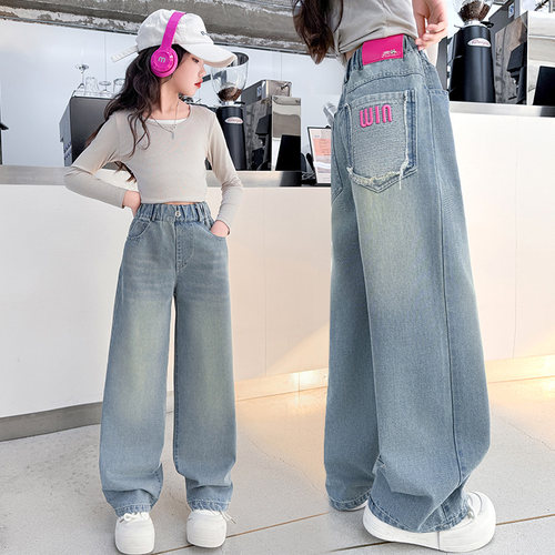 女童裤子2025新款中大童牛仔裤百搭宽松休闲春秋阔腿儿童直筒裤子 - 图1