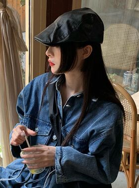 pu皮质黑色贝雷帽女夏韩版个性复