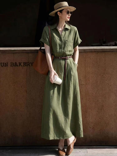 夏季新款亚麻轻奢显白绿色短袖连衣裙气质小众独特别致女装 - 图2