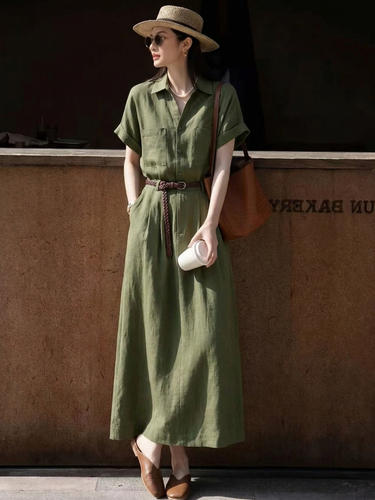 夏季新款亚麻轻奢显白绿色短袖连衣裙气质小众独特别致女装 - 图3