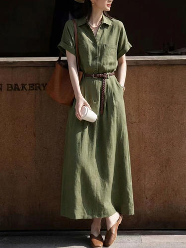 夏季新款亚麻轻奢显白绿色短袖连衣裙气质小众独特别致女装 - 图0