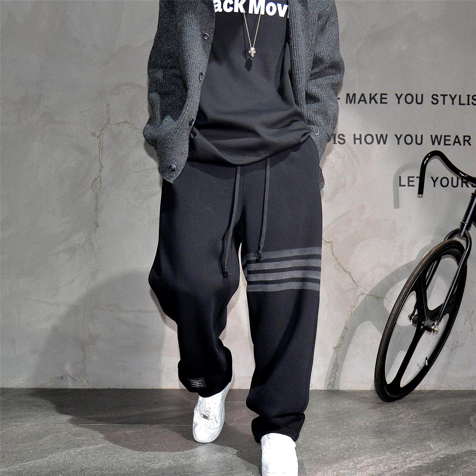黑色百搭松紧腰宽松直筒弯刀卫裤男冬季加绒加厚痞帅针织运动裤潮,淘宝优惠券,粉丝福利购,淘宝优惠卷
