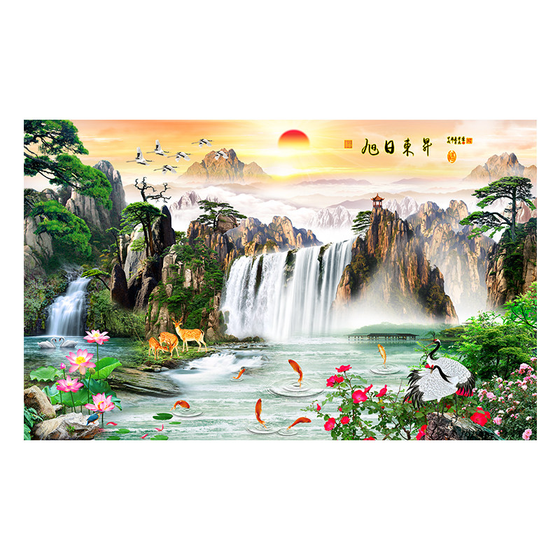 旭日东升定制3d壁画5d客厅装饰墙贴画中式山水8d电视沙发背景墙布,淘宝优惠券,粉丝福利购,淘宝优惠卷