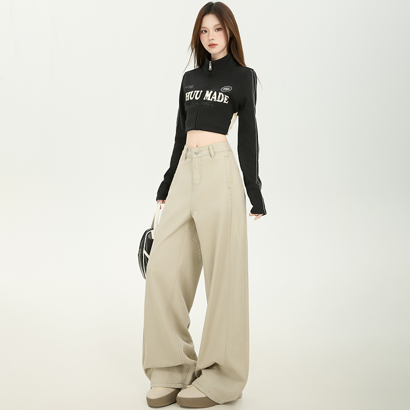 艾格Etam卡其弯刀阔腿牛仔裤女冬季加绒小个子显瘦宽松直筒镰刀裤 - 图0