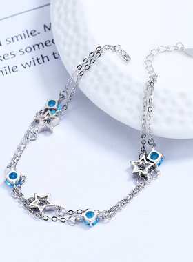 s925纯银星星粉水晶手链女ins韩版简约个性高级感锆石闺蜜手饰品