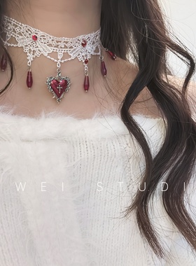 「哥特小恶魔」纯欲风辣妹Y2K小众蕾丝choker爱心重工流苏锁骨链
