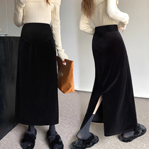 Pregnant Woman Dress Autumn Winter Clothing External Wear Korean version Sports in long style Garvelour gold velvet open fork Pregnant Woman Half Body Skirt Tobellied Dress