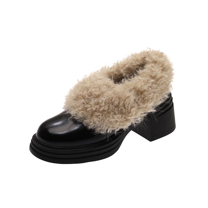 黑色粗跟小皮鞋女2025新款冬季加绒保暖毛毛鞋玛丽珍一脚蹬高跟鞋,淘宝优惠券,粉丝福利购,淘宝优惠卷