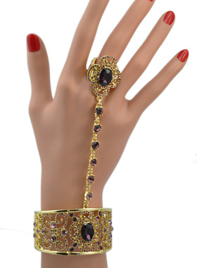 欧美夸张水晶手链花型镂空弹力戒指开口手镯一体新娘礼服首饰配饰