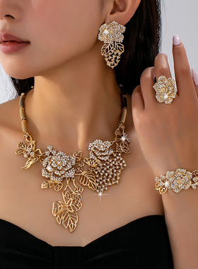 复古风镂空花朵叶子水钻项链套装