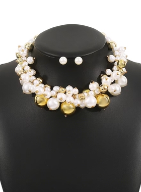 欧美夸张混色珍珠项链耳钉女饰品