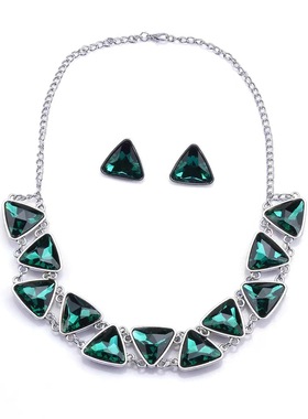 欧美时尚简约几何图形三角形水晶宝石锁骨项链耳钉套装女百搭饰品