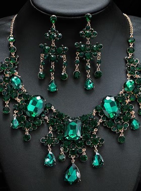 欧美奢华水晶流苏吊坠锁骨项链耳环首饰套装女新娘礼服摄影配饰品