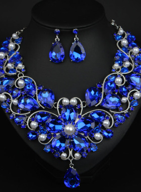 欧美夸张时尚宝石水钻珍珠水滴锁骨项链耳环首饰套装女礼服配饰品