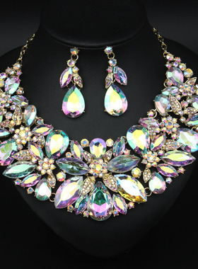 晚宴奢华水钻花朵项链耳环套装女
