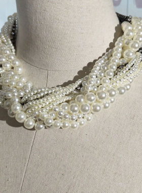 编织多层珍珠短项链欧美夸张水钻