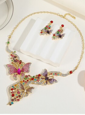 时尚水钻蝴蝶锁骨链耳环套装礼服