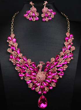 奢华宝石夸张项链耳环首饰套装女