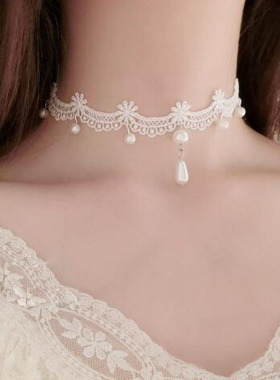 choker新娘婚纱花朵蕾丝珍珠吊坠