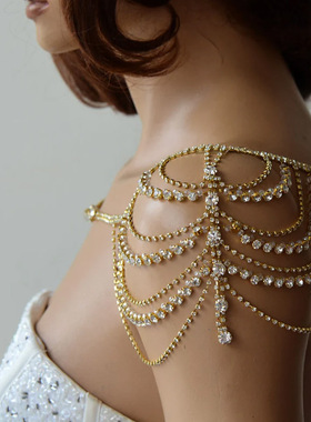 金色水钻流苏肩链礼服闪耀项链女
