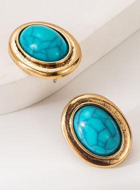 欧美复古度假风绿松石椭圆宝石短项链耳环套装森系简约民族风饰品