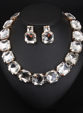 欧美时尚大宝石首饰套链 方块水滴耳环项链套装网红女锁骨配饰品
