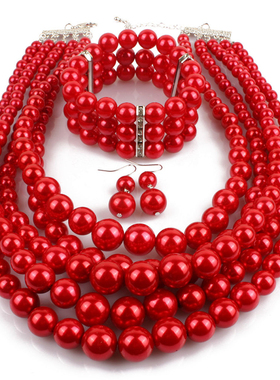 首饰欧美夸张多层串珠三件女项链