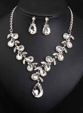 欧美时尚短款锁骨项链两件套叶子