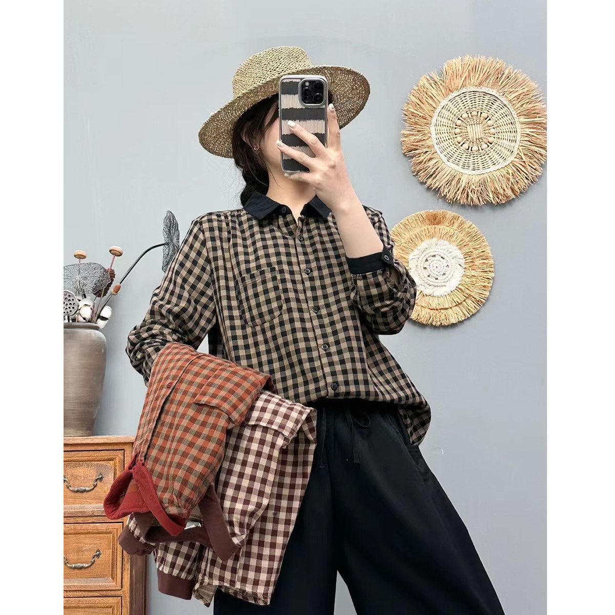 秋季薄款复古文艺格子长袖衬衫女宽松双层棉纱纯棉上衣休闲衬衣女