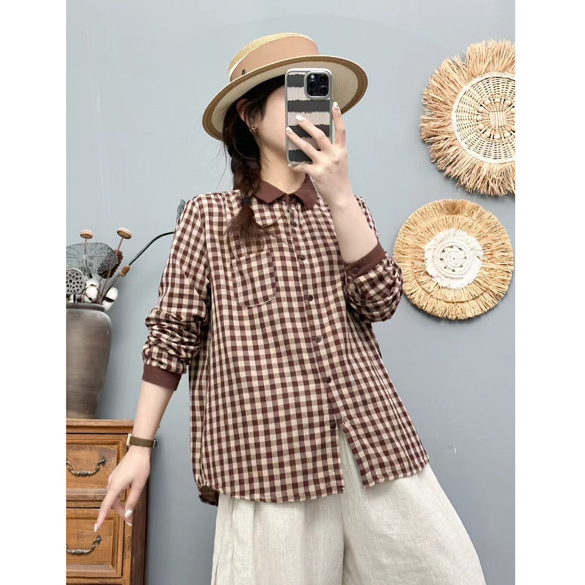 秋季薄款复古文艺格子长袖衬衫女宽松双层棉纱纯棉上衣休闲衬衣女