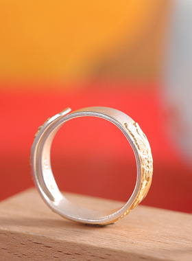 人品银品时尚轻奢风手饰足银999.9描金牡丹花戒指开口潮流女戒子