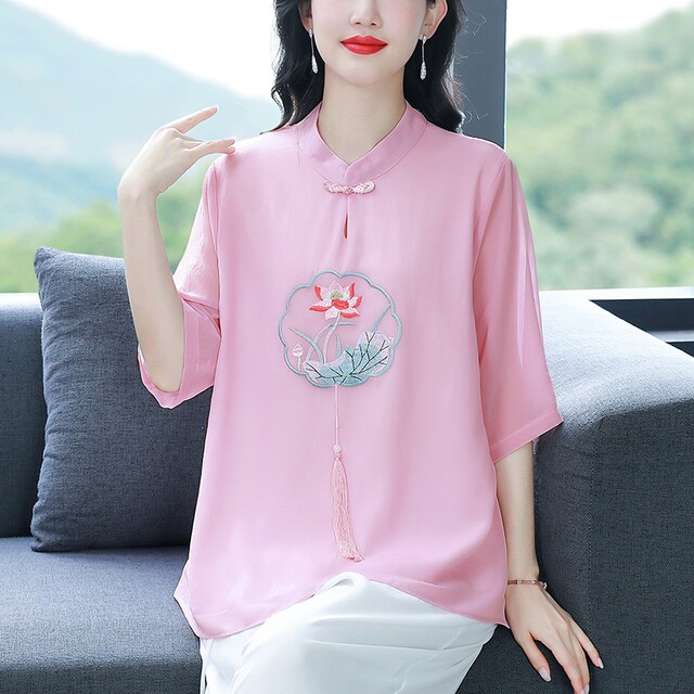 ເສື້ອຢືດ chiffon ເທິງແບບຈີນ embroidered ສໍາລັບແມ່ຍິງ