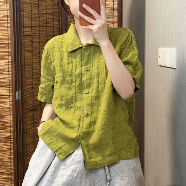 ເສື້ອຍືດ Retro ຝ້າຍແລະ linen ສໍາລັບແມ່ຍິງ summer ໃຫມ່ສີແຂງ, ແຂນສັ້ນ, ອາຍຸການຫຼຸດຜ່ອນ temperament ວັນນະຄະດີ casual ວ່າງ versatile top ສໍາລັບແມ່ຍິງ