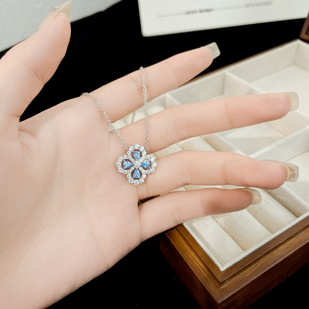 hw四叶草项链女925银loop水滴满钻吊坠轻奢高级名媛幸运草锁骨链 - 图0