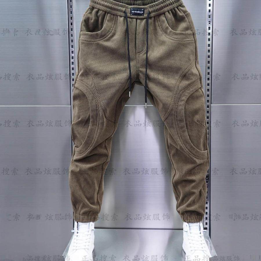 秋冬季男新款条绒拼接束脚加绒加厚休闲裤纯色松紧腰小脚哈伦裤男